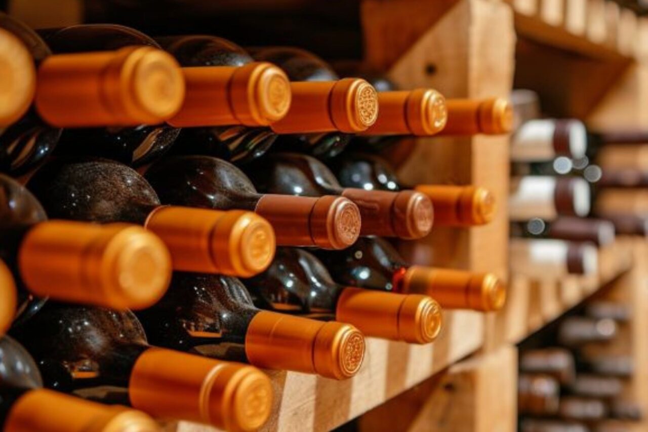 Botellas de vino en una bodega